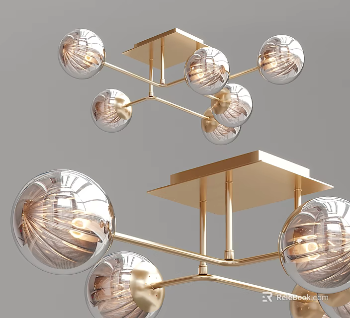 Elegant Modern Ceiling Light With Golden Metal Frame And Glass Ball Shades 3d model 