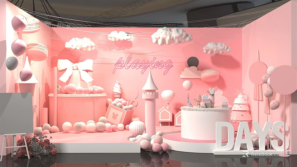 Pink Themed Baby Party Decoration With Clouds Balloons Castle Cake And Bow 3d model 