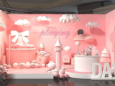 Pink Themed Baby Party Decoration With Clouds Balloons Castle Cake And Bow 3d model