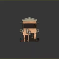 Cartoon Scene Two Story Building Tiled Roof Balcony Wooden Doors Outdoor Tables Chairs Red Object