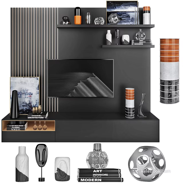 Sleek Modern Black TV Stand With TV Storage Shelves And Decorative Ornaments 3d model 