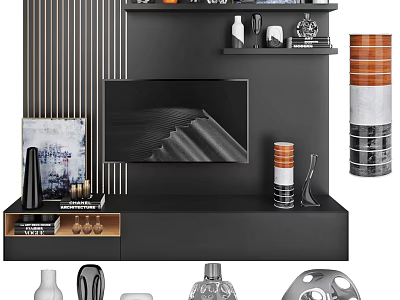 Sleek Modern Black TV Stand With TV Storage Shelves And Decorative Ornaments 3d model