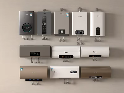Assorted Electric Water Heaters In Different Styles Displayed On Wall 3d model