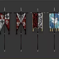 Traditional Decorative Flags With Various Patterns And Characters On Wooden Poles