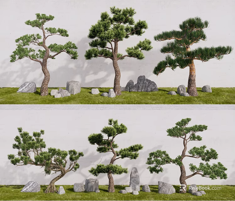 Ornamental Arbor Trees With Stones On Green Grass Against White Wall 3d model 