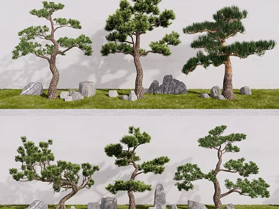 Ornamental Arbor Trees With Stones On Green Grass Against White Wall 3d model