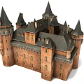 Historic Ancient Castle Architecture With Pointed Towers Red Brick Walls And Gray Roofs
