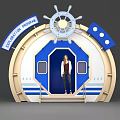 Nautical Theme Pavilion Entrance With Ship Wheel Blue Beige Structure And Person