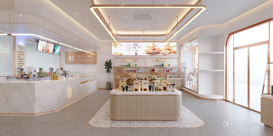 Modern Dessert Shop Interior With Display Shelves Counter And Lighting Fixtures 3d model 