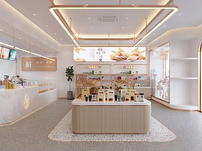 Modern Dessert Shop Interior With Display Shelves Counter And Lighting Fixtures 3d model