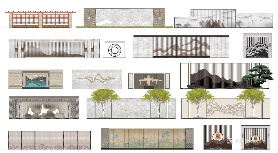 Various Landscape Wall Designs With Mountain Patterns Grilles And Stone Textures 3d model 