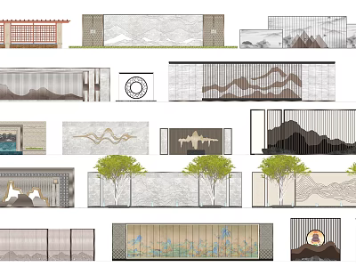 Various Landscape Wall Designs With Mountain Patterns Grilles And Stone Textures 3d model