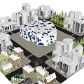 Cartoon City Scene With White Buildings Central Hexagonal Structure Green Trees And Roads