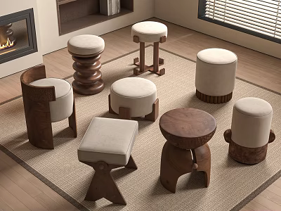 Various Stylish Wooden Stools With Upholstered Seats In Living Room Setting 3d model