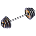 Sports Equipment Barbell With Black And Yellow Weight Plates And Metal Bar