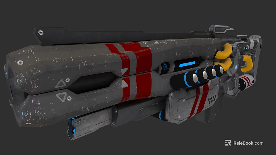 Futuristic Sci Fi Weapon With Gray Red Stripes Blue Glowing Accents And Yellow Components 3d model 