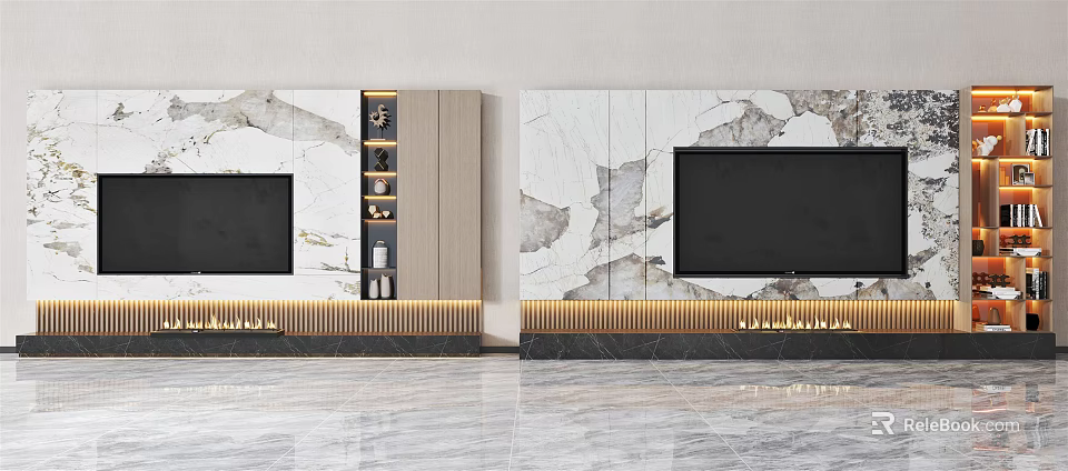 Elegant Modern TV Background Wall With Marble Texture And Storage Shelves 3d model