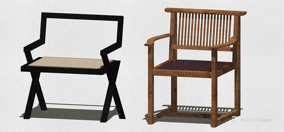 Stylish Leisure Chairs With Black And Wooden Frames Striped Backrests And Comfortable Cushions 3d model 