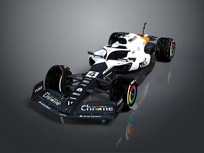 Black and White Chronos Formula 1 Race Car with STC Sponsorship and Colorful Wheels 3d model