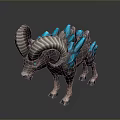 Mythical Fantasy Creature With Large Curved Horns And Blue Crystal Spikes