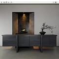 Modern Minimalist Entryway Cabinet And Sideboard With Dark Wood Finish And Decorative Vase