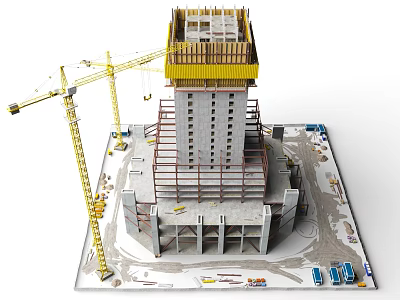 Construction Site With High Rise Building Under Construction Cranes And Equipment 3d model