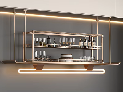 Modern Hanging Wine Rack With Golden Frame And Neon Light For Kitchen Bar Area 3d model