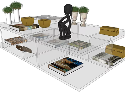 Modern Transparent Coffee Table With Books Sculpture Potted Plants And Yellow Storage Boxes 3d model