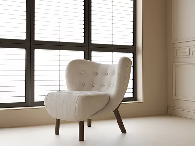 Light Beige Accent Chair With Button Tufted Back Dark Wooden Legs Near Window Blinds 3d model