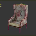 Elegant Wingback Armchair with Floral Pattern Upholstery and Brown Wooden Frame Design
