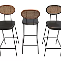 Modern Bar Stools Featuring Rattan Backrest Brown Seat And Black Metal Frame