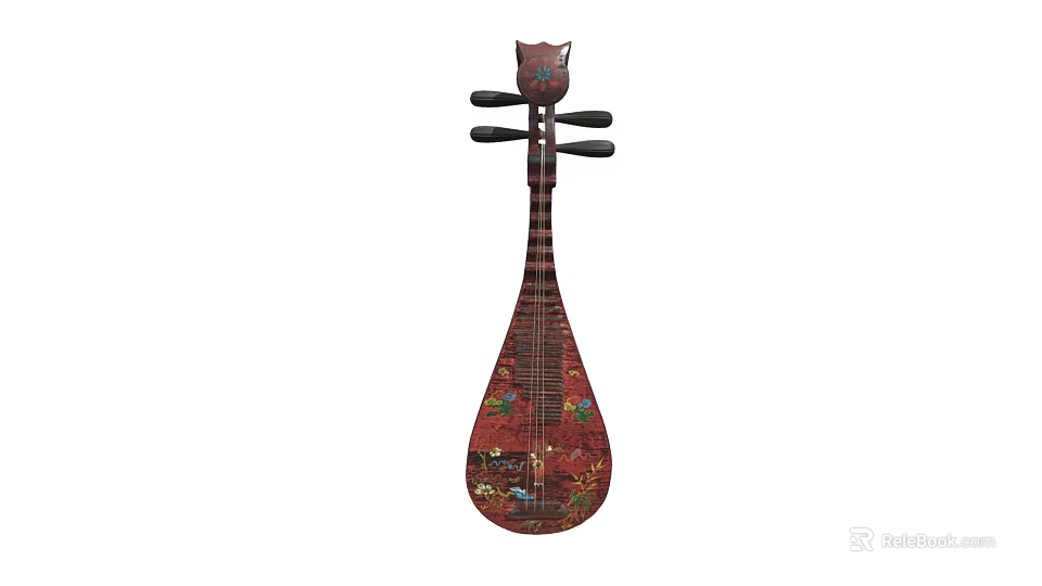 Traditional Chinese Pipa Musical Instrument with Red Painted Body and Intricate Floral Patterns 3d model 