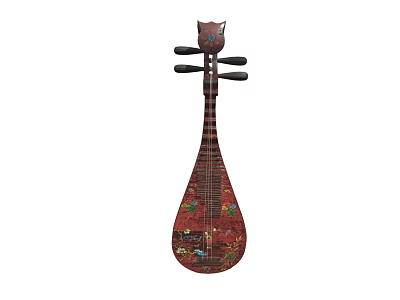 Traditional Chinese Pipa Musical Instrument with Red Painted Body and Intricate Floral Patterns 3d model