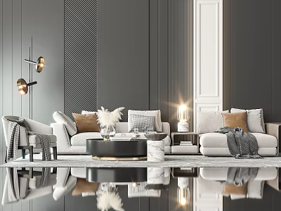 Modern Living Room Sofa And Coffee Table Set With Decorative Pillows And Floor Lamp 3d model