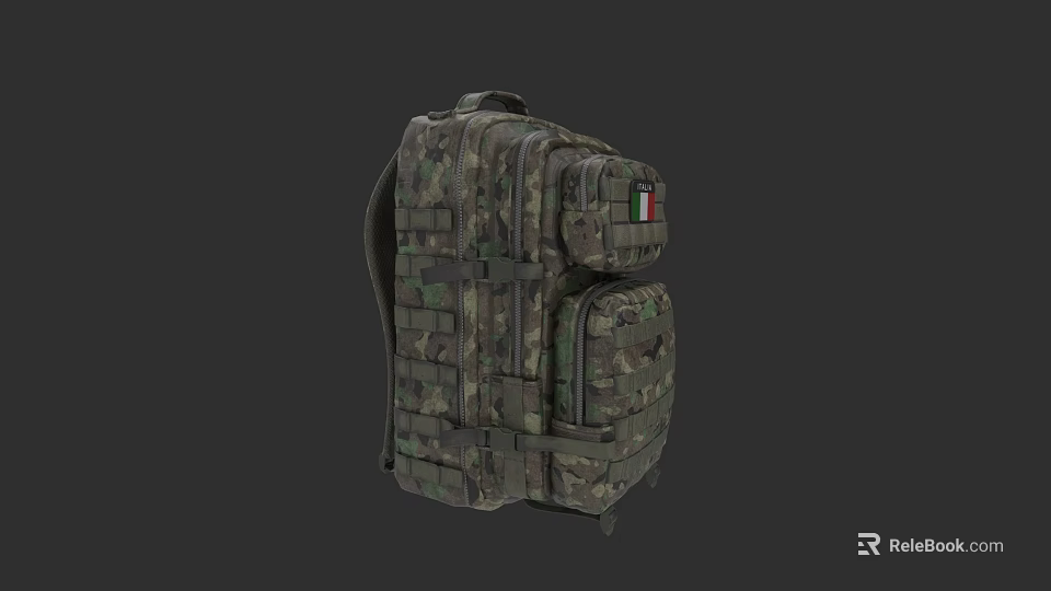 Camouflage Tactical Backpack With Multiple Storage Compartments And Italian Flag Patch 3d model 