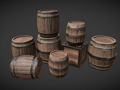 Industrial Equipment With Multiple Wooden Barrels Stacked And Scattered Featuring Metal Hoops 3d model