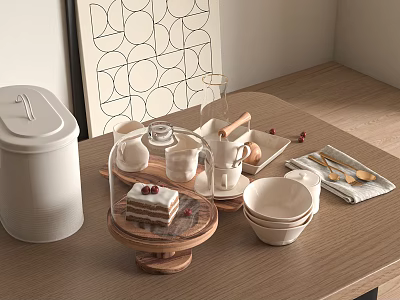 White Ceramic Tableware Set With Wooden Tray Mugs Bowls And Kitchen Accessories 3d model