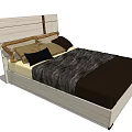 Double Bed With Wooden Frame White Headboard And Dark Bedding Pillows