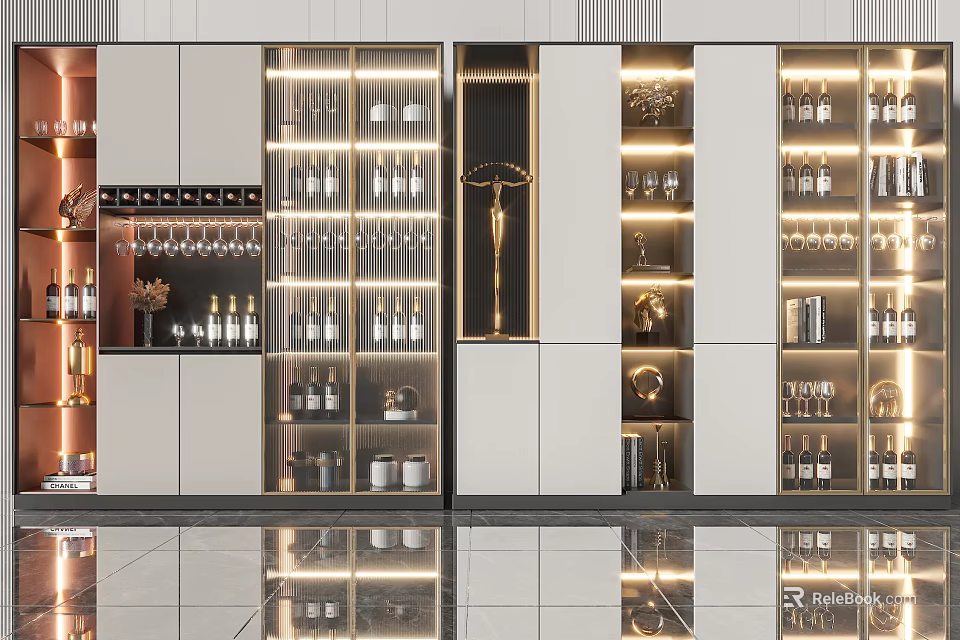 Modern Wine Cabinet Interior Design With Glass Doors Wine Glass Racks And Bottles 3d model 