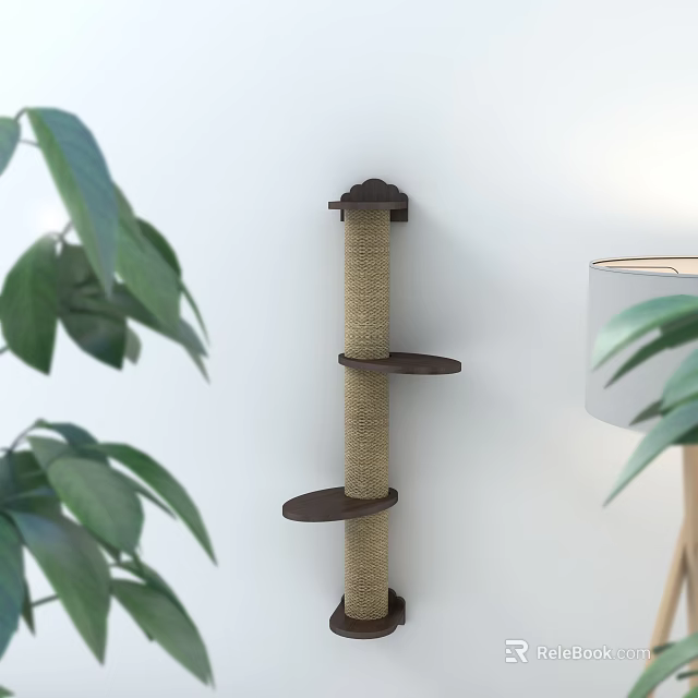 Wall Mounted Cat Scratching Post With Sisal Rope Brown Shelves Green Plants And Table Lamp 3d model 