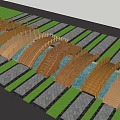 Wooden Landscape Bridge With Connected Structures Amid Green Lawn And Trees