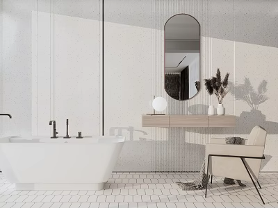 White Freestanding Bathtub Interior Design In Modern Bathroom With Oval Mirror And Chair 3d model