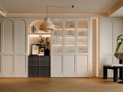 Elegant White Bookcase With Glass Doors And Built In Lighting In Modern Living Room 3d model