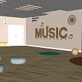 Kindergarten Music Classroom With Musical Notes Padded Stools And Circular Carpets 3d model
