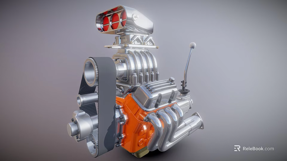 Detailed 3D Rendered Engine With Silver Orange Mechanical Parts And Pipes 3d model 