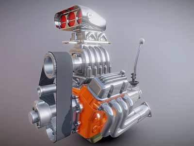 Detailed 3D Rendered Engine With Silver Orange Mechanical Parts And Pipes 3d model