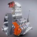 Detailed 3D Rendered Engine With Silver Orange Mechanical Parts And Pipes