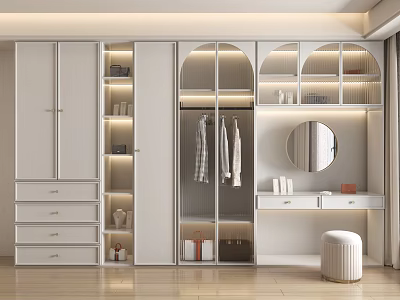 Modern White Wardrobe Design With Glass Doors Drawers Hanging Clothes Mirror And Stool 3d model