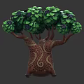 Cartoon Tree Scene With Green Leaves Purple Flowers Patterned Trunk And Decorative Base