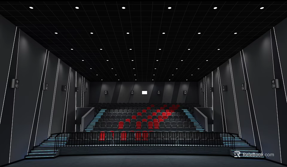 Modern Cinema Interior With Red And Black Stepped Seats And Ceiling Lighting 3d model 